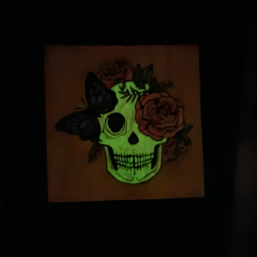 Hand burned Butterfly Skull Glow in the Dark Pyrography Art - Picture 2 of 2